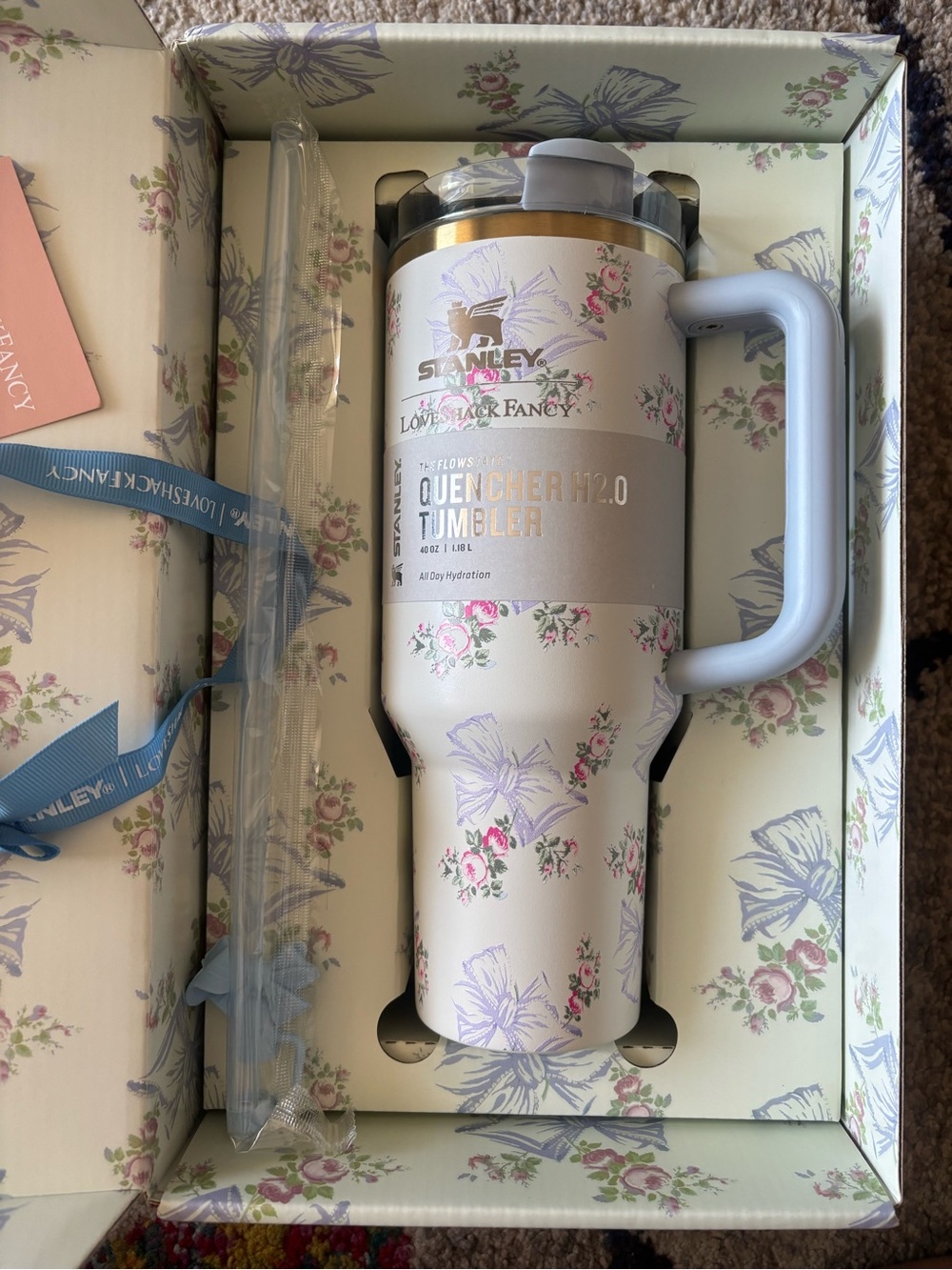 Stanley Quencher Tumbler - Floral Cream with Light Blue Handle